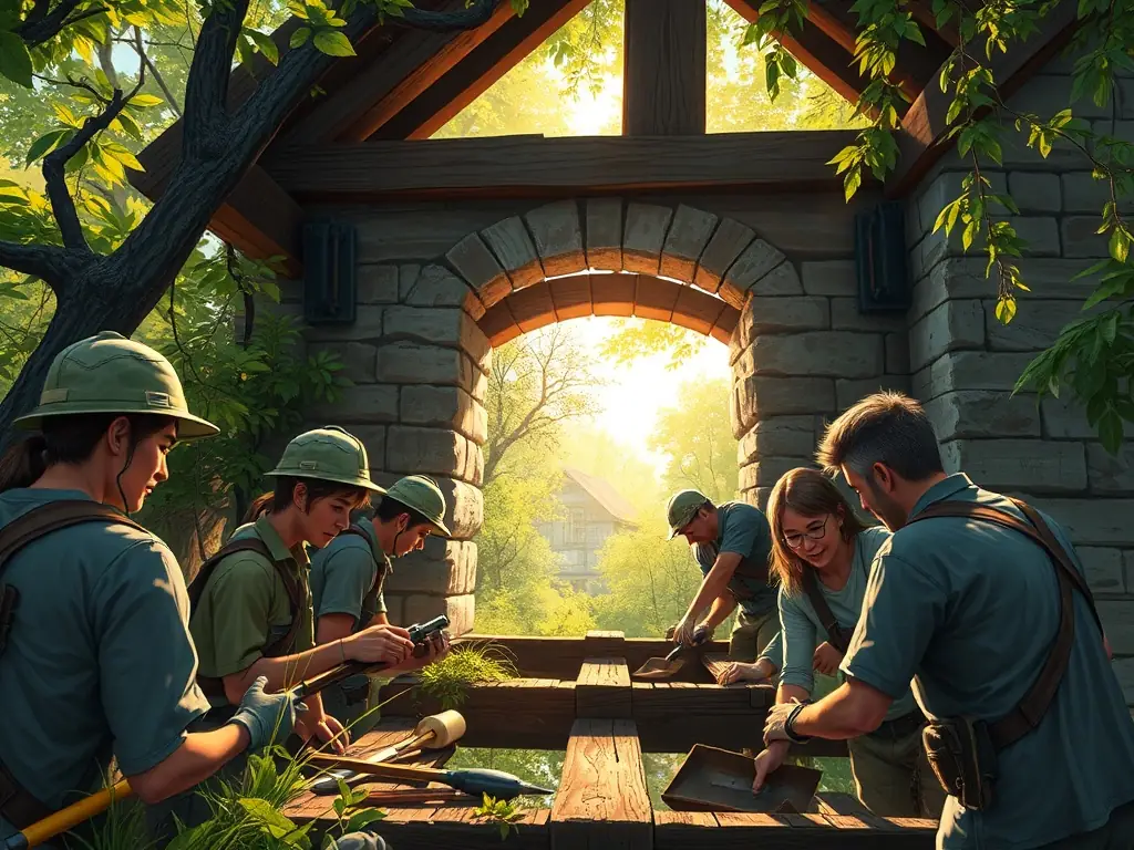 A picturesque image of volunteers working on the restoration of a section of the Moulin, highlighting community involvement and preservation efforts.