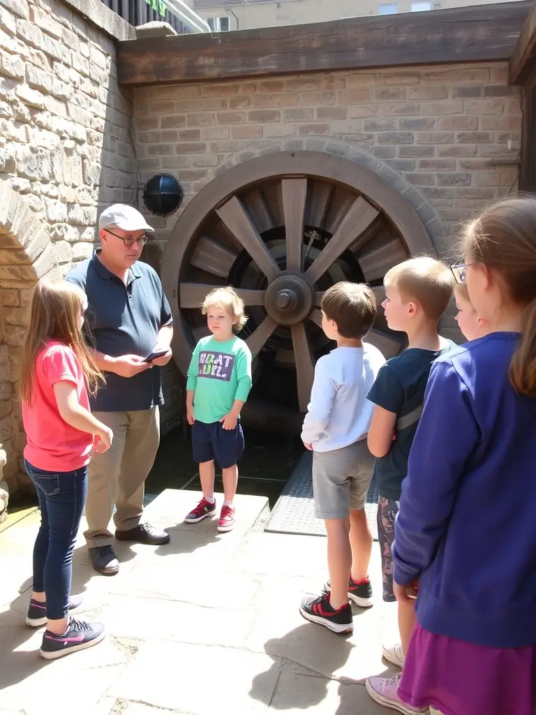 A group of children participating in a milling demonstration at the Moulin de la Croix, learning about traditional milling practices and the history of the mill.