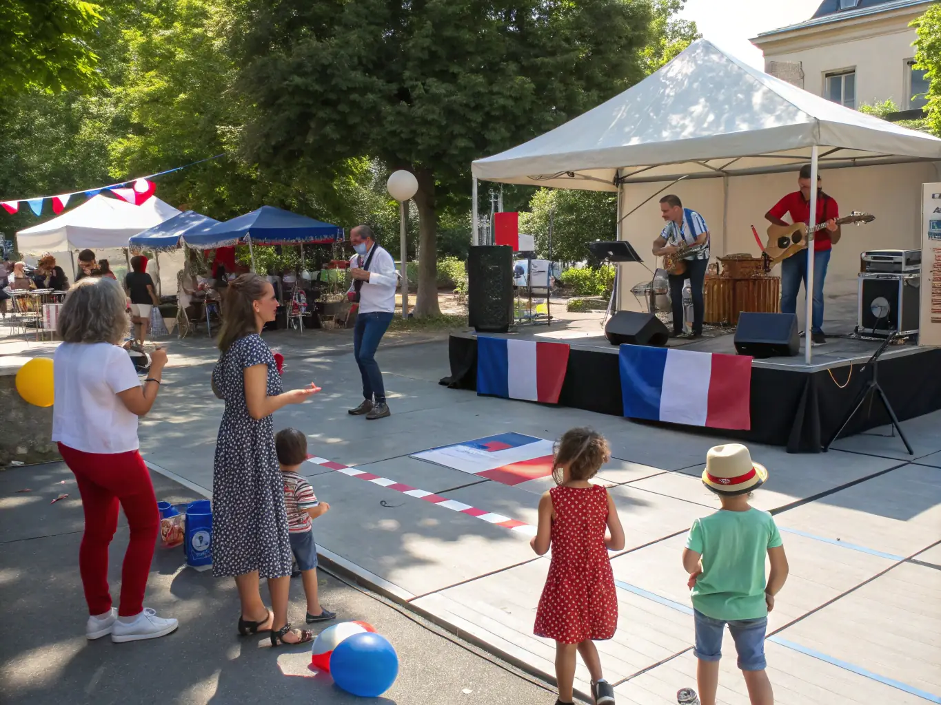 A vibrant scene from a community event held at the Moulin de la Croix, featuring local artisans, food vendors, and live music.
