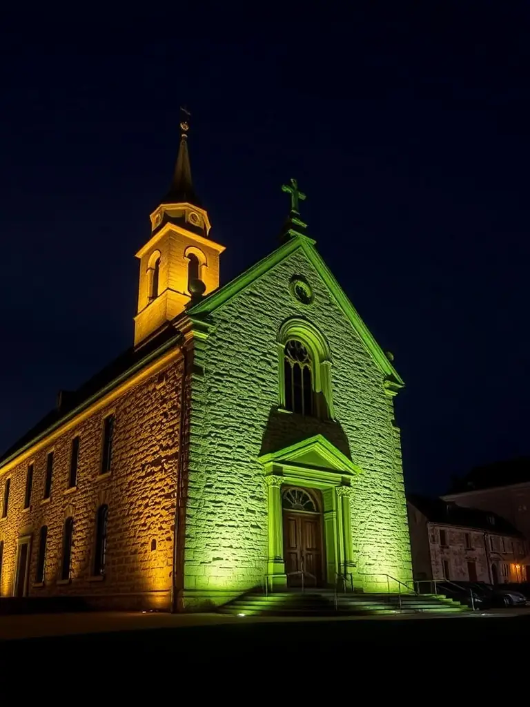 A photograph of the Moulin de la Croix illuminated at night, showcasing its beauty and historical significance as a landmark in the region.