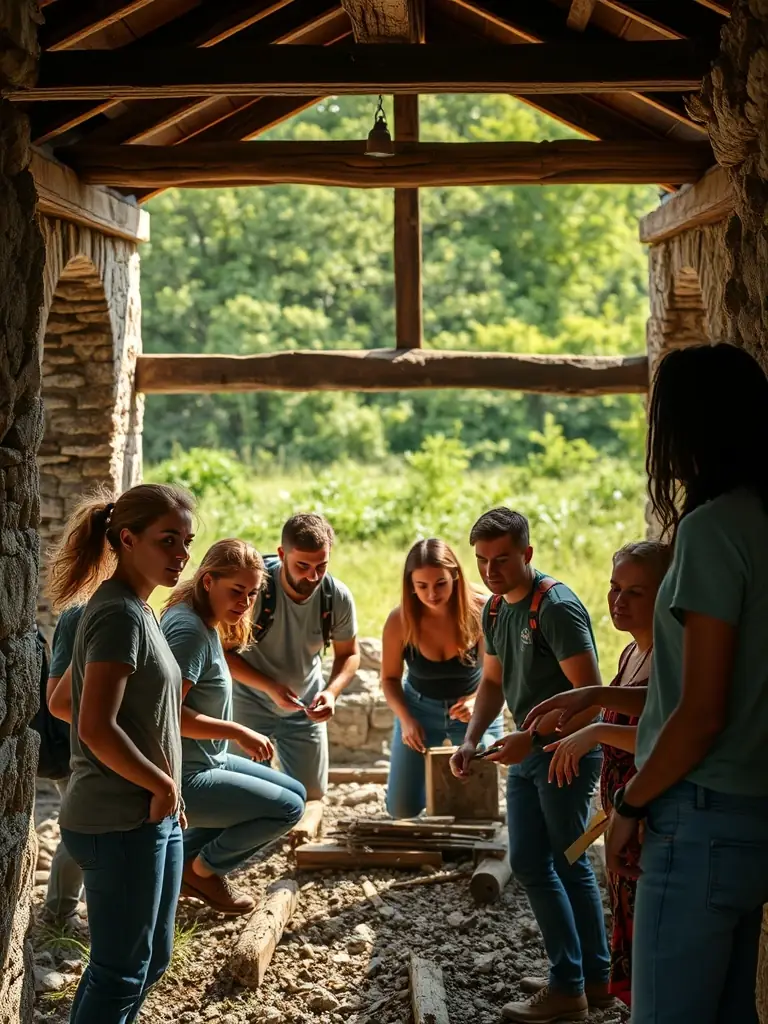 A photograph of volunteers working on the restoration of the Moulin de la Croix's wooden structure, showcasing teamwork and dedication to preserving the mill's historical integrity.