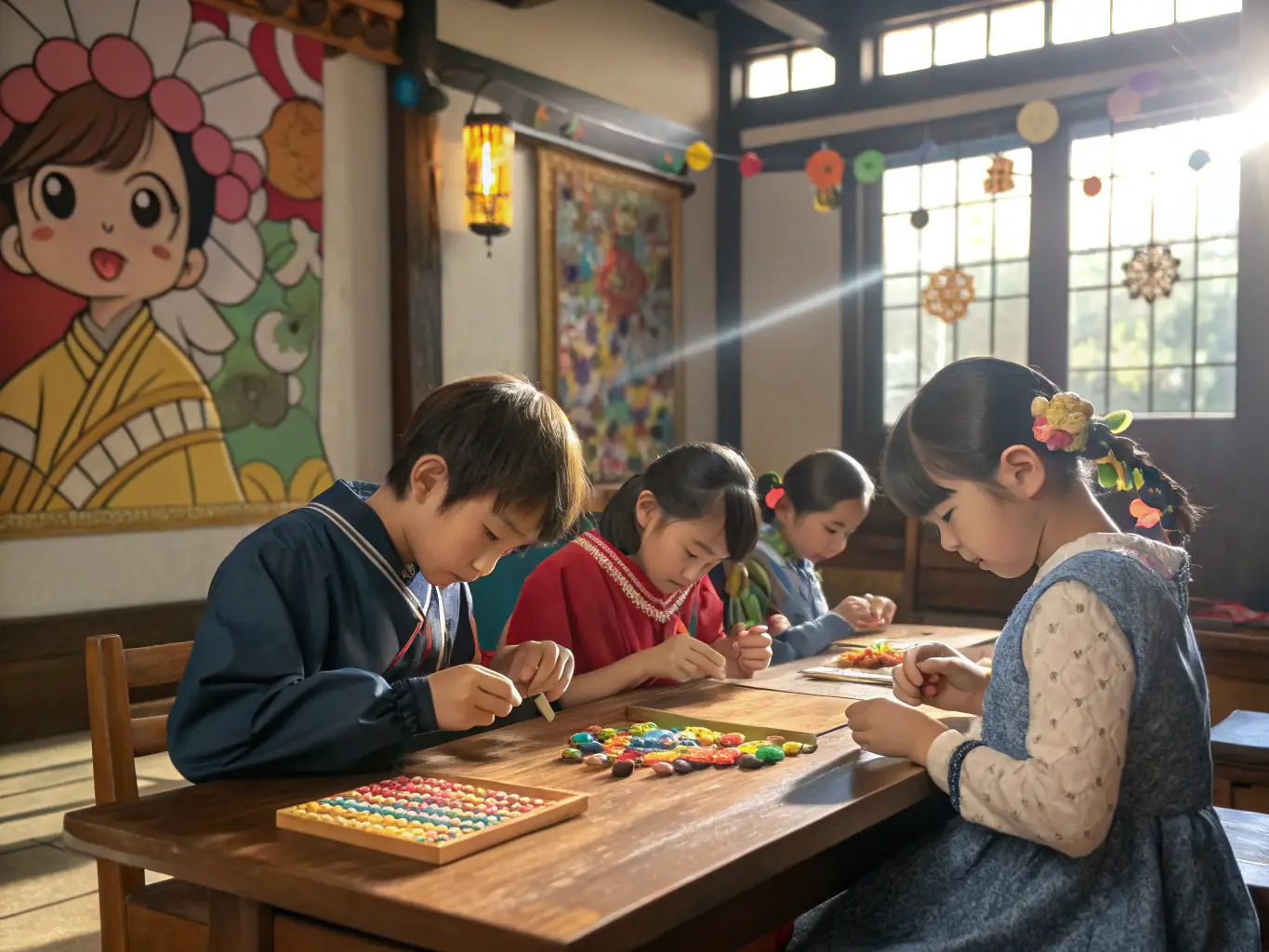 A vibrant photograph capturing a group of children participating in a traditional milling workshop at the Moulin de la Croix, showcasing hands-on learning and engagement.