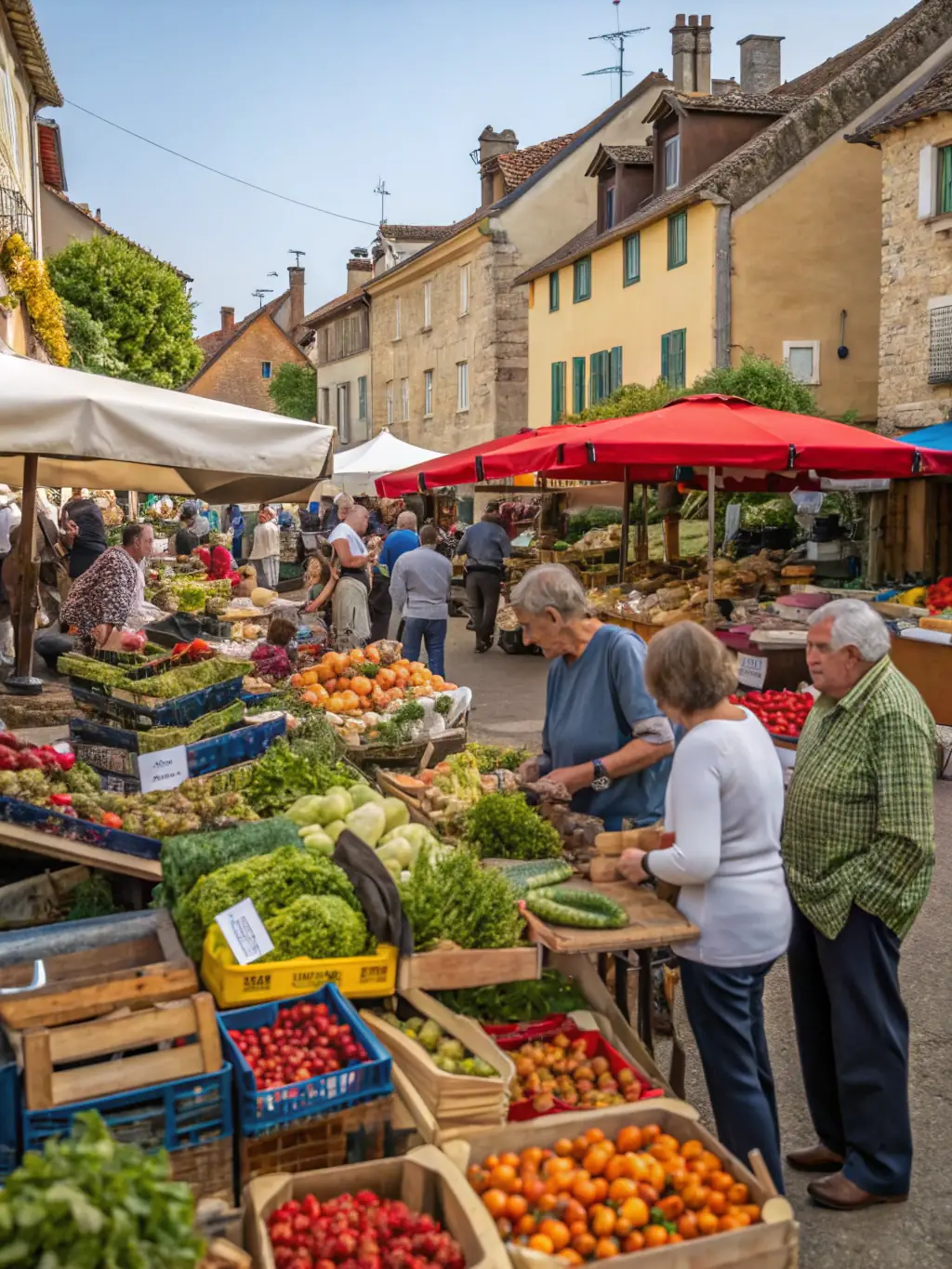 A vibrant scene from a community event held at the Moulin de la Croix, featuring local artisans, food vendors, and families enjoying the festivities.