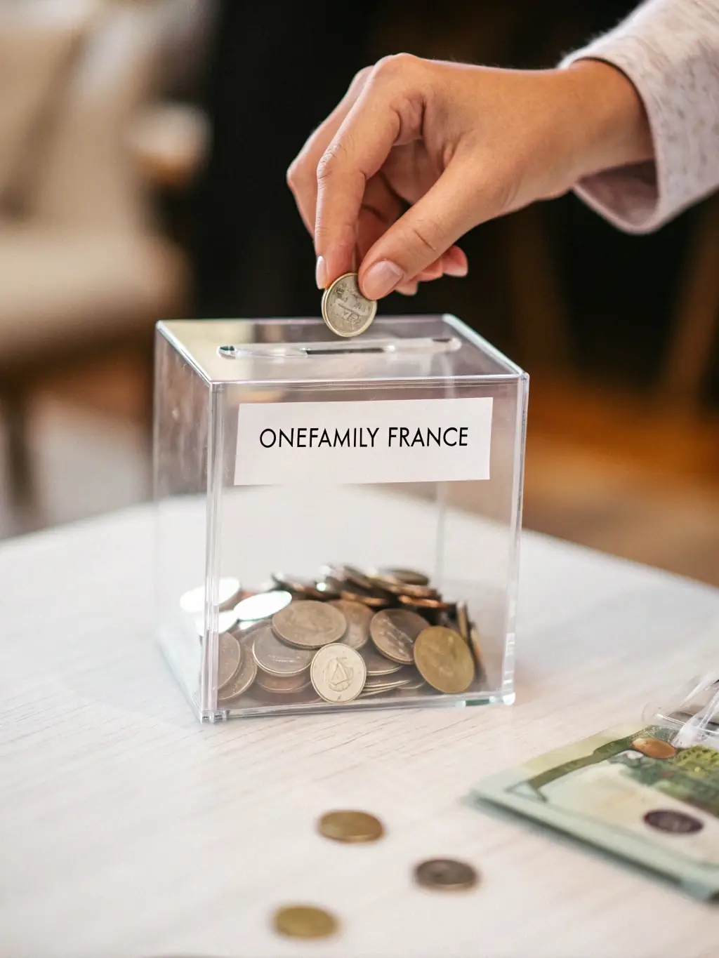 A picture of a donation box at the entrance of the Moulin de la Croix, with people contributing to support its maintenance and activities.
